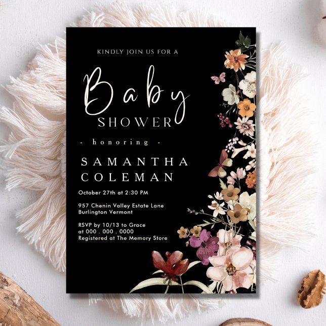 Invitación Elegante Boho Wildflower Black Pastel Baby Shower (Subido por el creador)