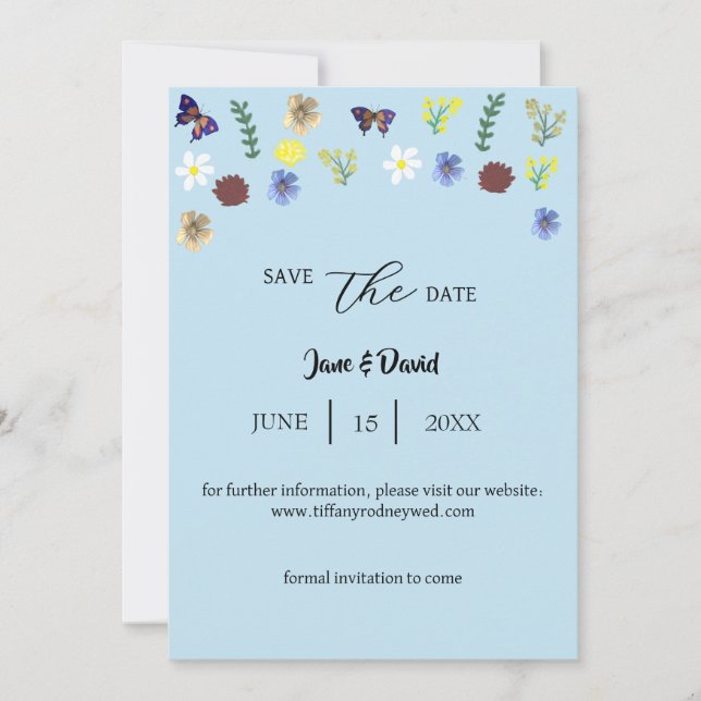 Invitación Elegante Boho Wildflower Blue Save-The Date (Anverso)