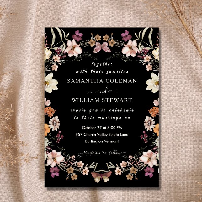 Invitación Elegante Boho Wildflower Boda negro moderno (Subido por el creador)