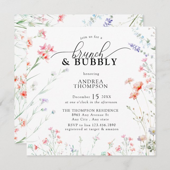 Invitación Elegante Boho Wildflower Brunch Bubbly (Anverso / Reverso)