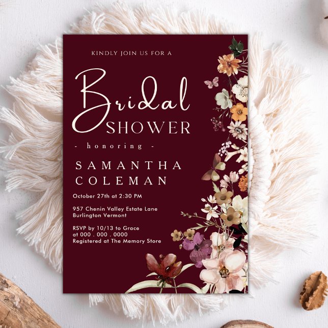 Invitación Elegante Boho Wildflower Burgundy Bridal Shower (Subido por el creador)