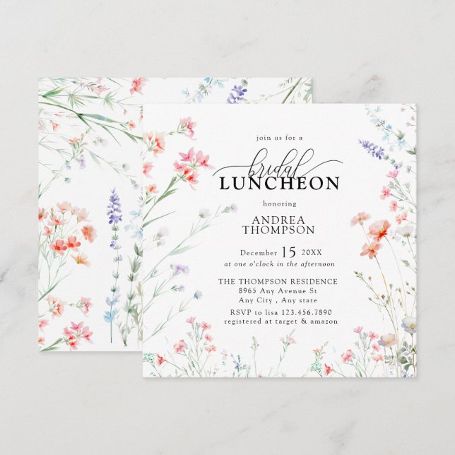 Invitación Elegante Boho Wildflower Floral Bridal Luncheon (Anverso / Reverso)