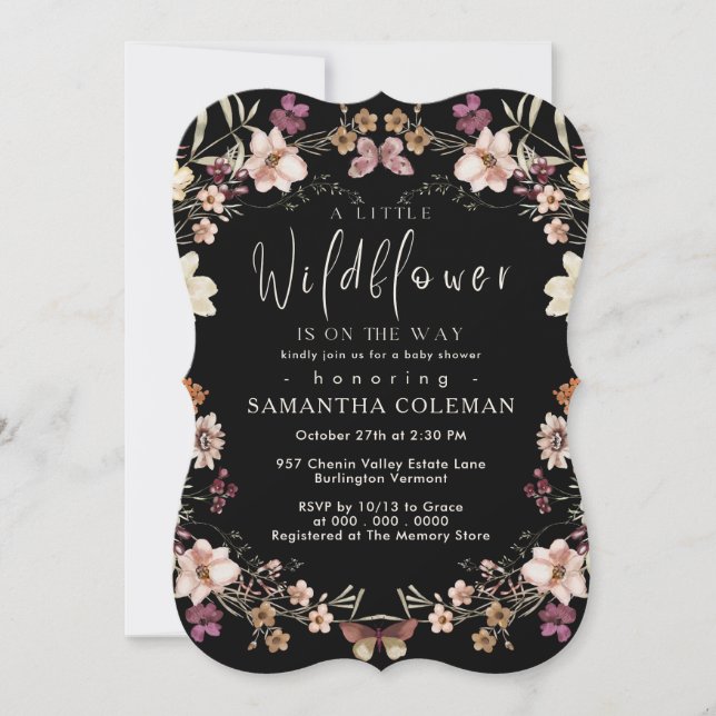 Invitación Elegante Boho Wildflower Moderno Baby Shower negro (Anverso)