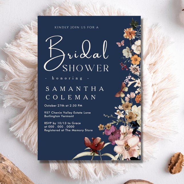 Invitación Elegante Boho Wildflower Navy ducha azul de novia (Subido por el creador)