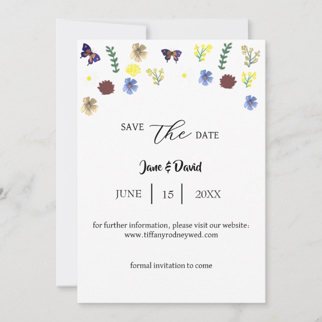 Invitación Elegante Boho Wildflower White Save-The Date (Anverso)