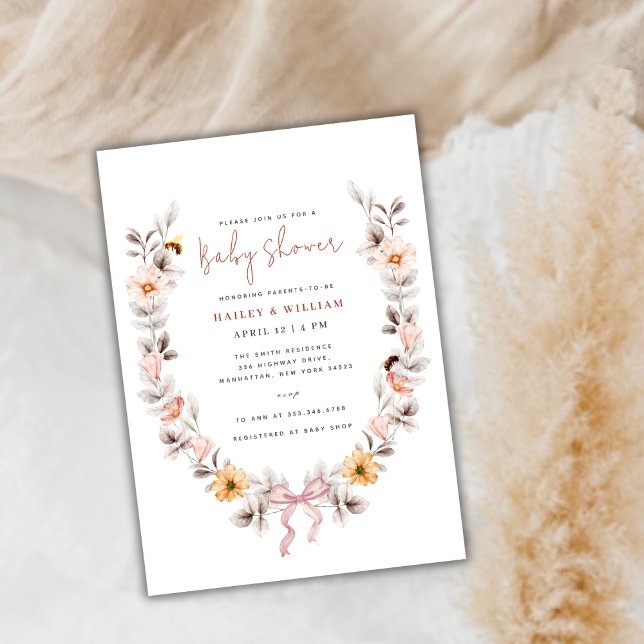 Invitación Elegante Boho Wildflower Wreath Baby Shower (Elegant Boho Wildflower Wreath Baby Shower Invitation)