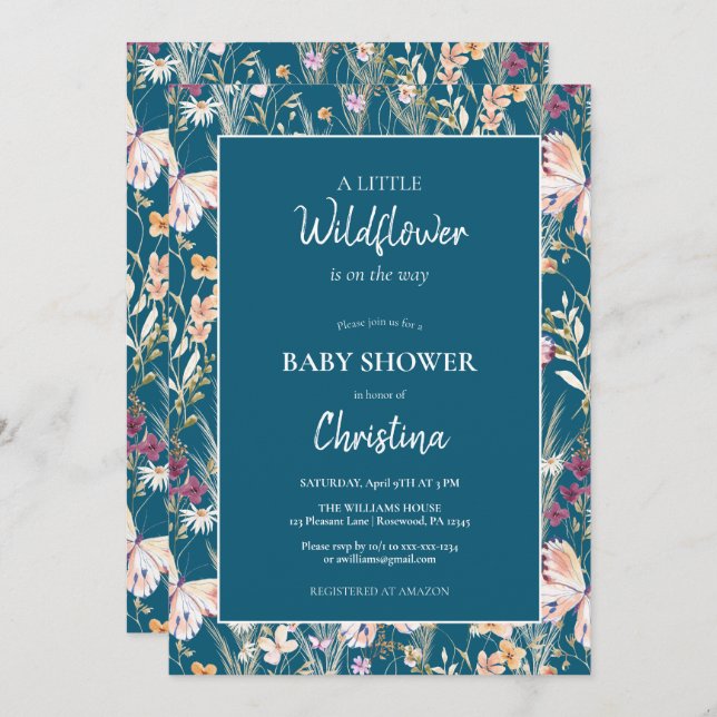 Invitación Elegante Boho Wildflowers Blue Baby Shower (Anverso / Reverso)