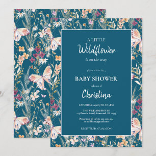 Invitación Elegante Boho Wildflowers Blue Baby Shower