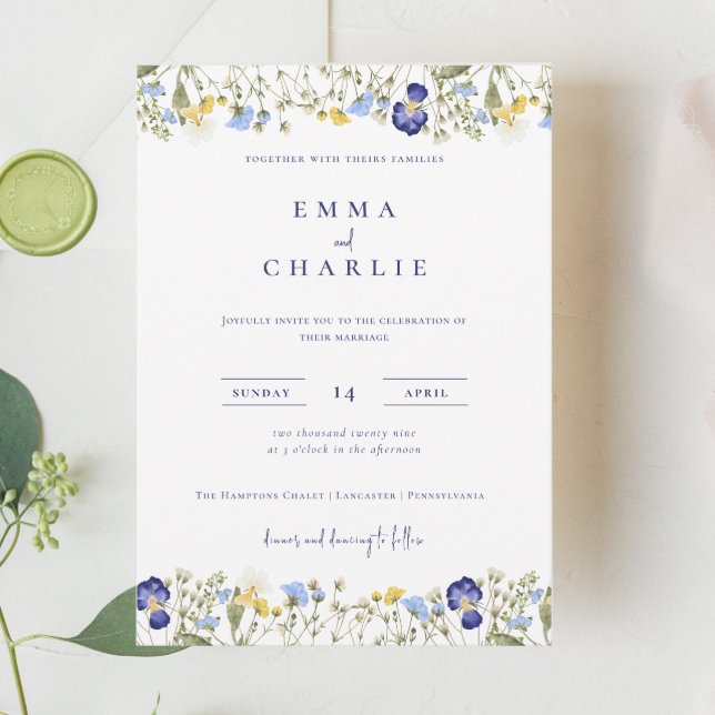 Invitación Elegante Boho Wildflowers Boda de guiones azules (Subido por el creador)