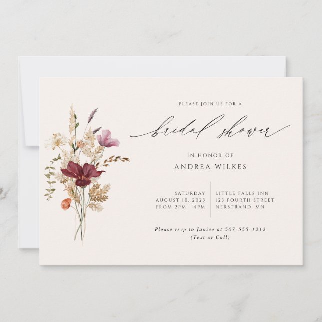 Invitación Elegante Boho Wildflowers Cae Bridal Shower (Anverso)