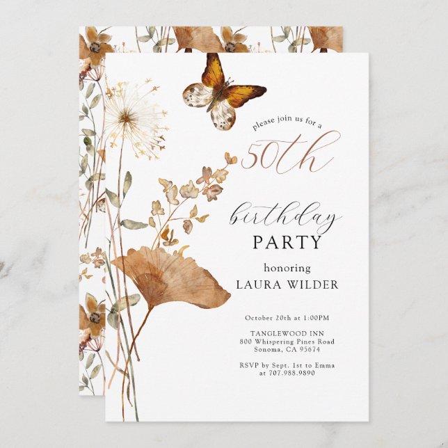 Invitación Elegante Boho Wildflowers Fiesta de los 50 Años (Anverso / Reverso)