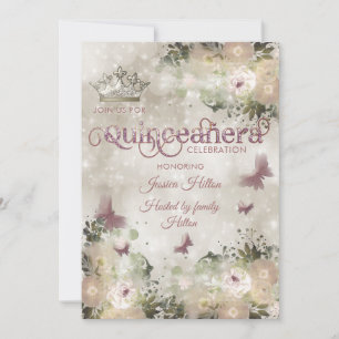 Invitación Elegante bokeh Butterfly floral jardín Quinceañera
