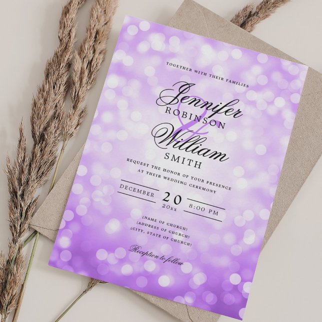 Invitación Elegante Bokeh de Bokeh enciende Romántico Púrpura (Elegant Wedding Bokeh Lights Romantic Purple Invitation)