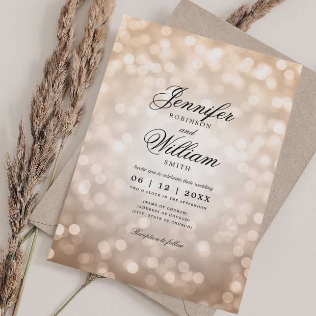Invitación Elegante Bokeh de Bokeh enciende Romántico Rosa de (Elegant Wedding Bokeh Lights Romantic Rose Gold Invitation)