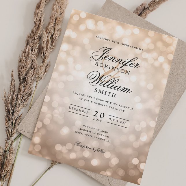 Invitación Elegante Bokeh de Bokeh enciende Romántico Rosa de (Elegant Wedding Bokeh Lights Romantic Rose Gold Invitation)