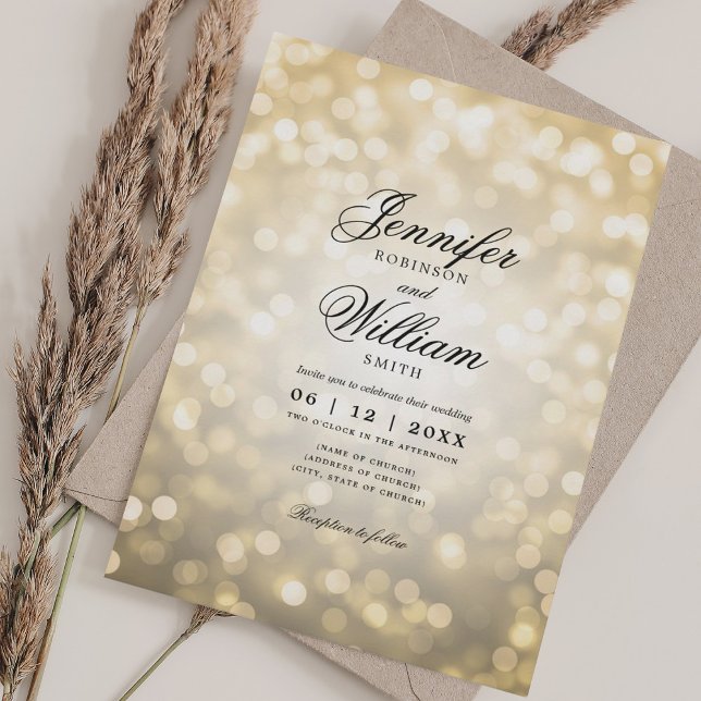 Invitación Elegante Bokeh de Bokeh enciende Romántico Script  (Elegant Wedding Bokeh Lights Romantic Script Gold Invitation)