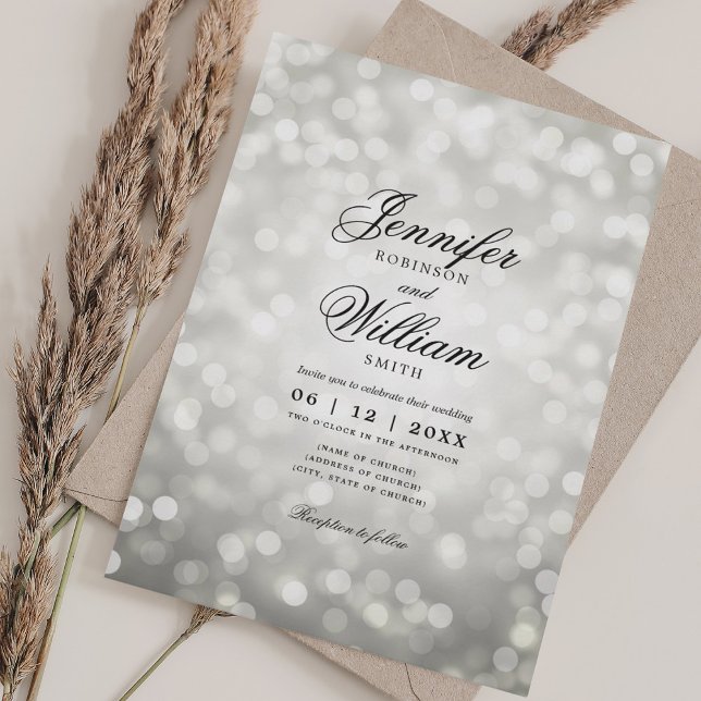 Invitación Elegante Bokeh de Bokeh Luces Románticas Plata (Elegant Wedding Bokeh Lights Romantic Silver Invitation)