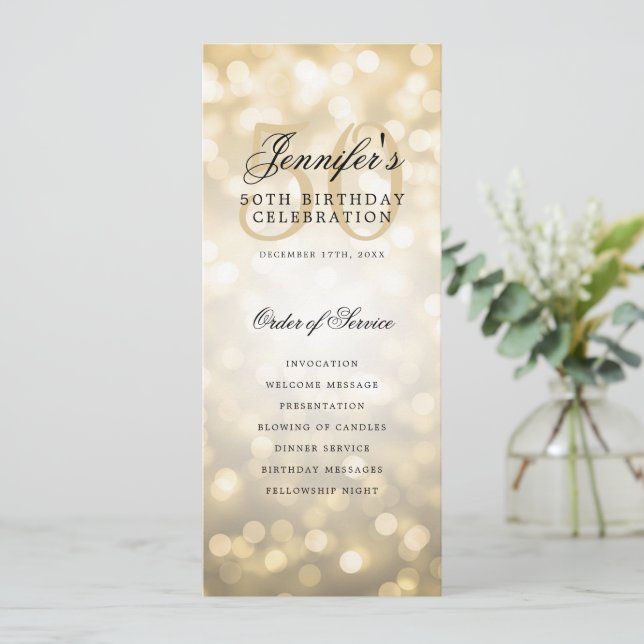 Invitación Elegante Bokeh Gold 50th Birthday Program con Menú (Anverso de pie)