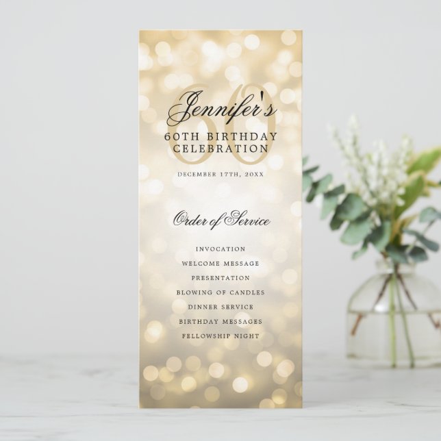 Invitación Elegante Bokeh Gold 60th Birthday Program con Menú (Anverso de pie)