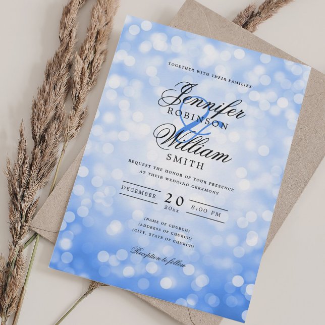 Invitación Elegante Bokeh iluminó el azul de la marina románt (Elegant Wedding Bokeh Lights Romantic Navy Blue Invitation)