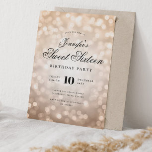 Invitación Elegante Bokeh Lights Script Sweet 16 Rosa Gold