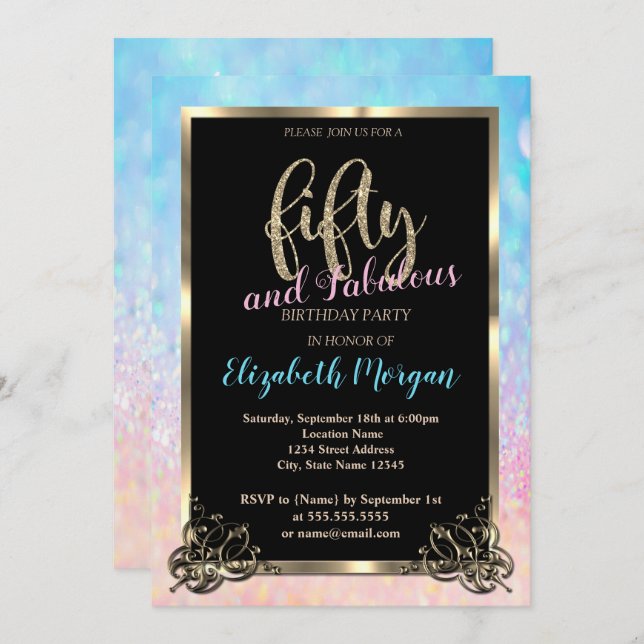 Invitación Elegante Bokeh Ombre Gold Frame 50 cumpleaños (Anverso / Reverso)