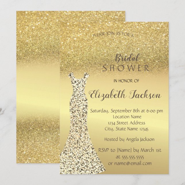 Invitación Elegante Bokeh Purpurina de oro , Ducha de novia d (Anverso / Reverso)