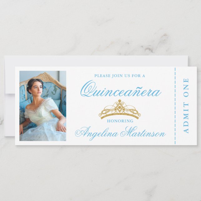Invitación Elegante boleto de oro azul fotográfico Quinceaner (Anverso)