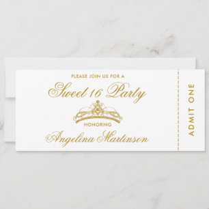 Invitación Elegante boleto dulce de 16 Fiestas de oro y blanc