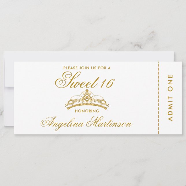 Invitación Elegante boleto dulce de 16 oro y blanco (Anverso)