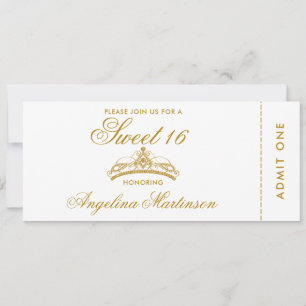 Invitación Elegante boleto dulce de 16 oro y blanco
