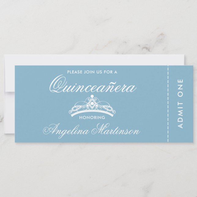 Invitación Elegante boleto Quinceanera azul y blanco (Anverso)