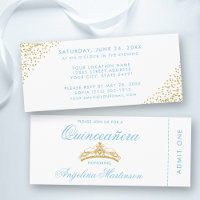 Elegante boleto Quinceanera azul y oro