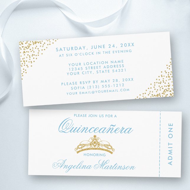 Invitación Elegante boleto Quinceanera azul y oro (Customize to change text style, color or text size.)