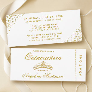Invitación Elegante boleto Quinceanera de oro y blanco
