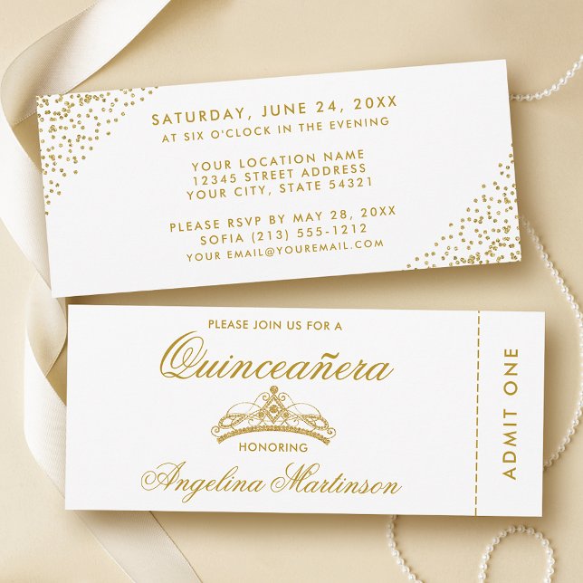 Invitación Elegante boleto Quinceanera de oro y blanco (Customize to change text style or text size.)