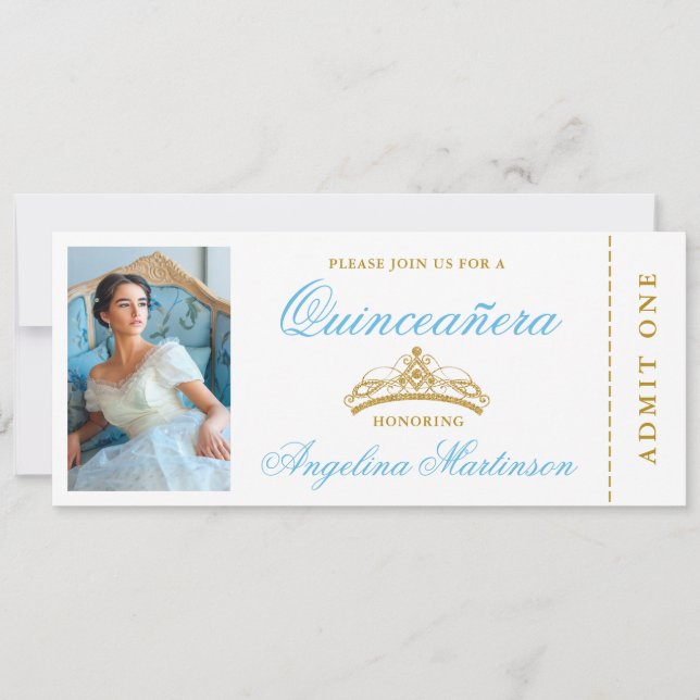 Invitación Elegante boleto Quinceanera Photo Blue and Gold (Anverso)