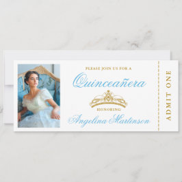 Invitación Elegante boleto Quinceanera Photo Blue and Gold