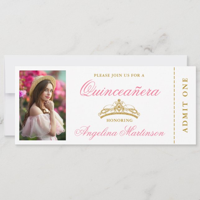 Invitación Elegante boleto Quinceanera Photo Pink and Gold (Anverso)