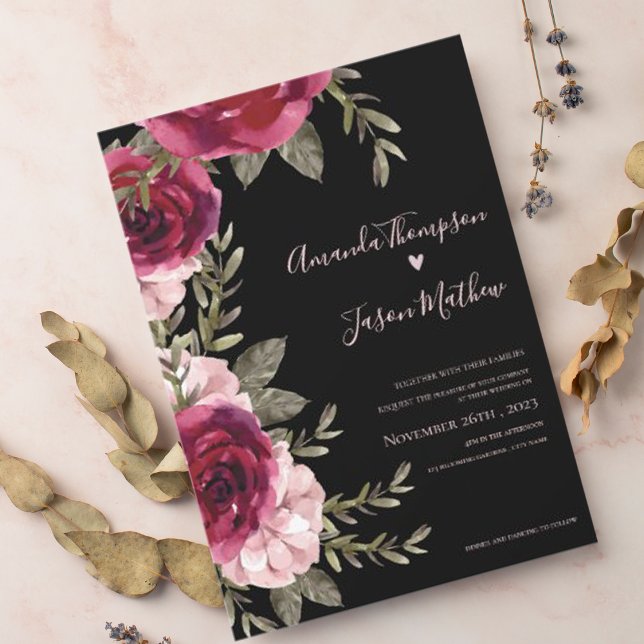 Invitación Elegante Bonito Borgoña negra Boda floral Rubor (Subido por el creador)