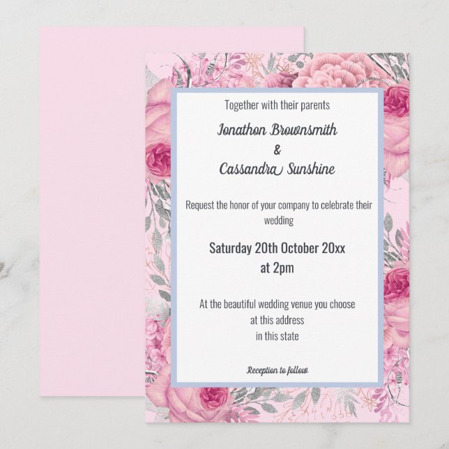 INVITACIÓN ELEGANTE BONITO FLORAL BODA BLANCO AZUL ROJO PINK (Anverso / Reverso)