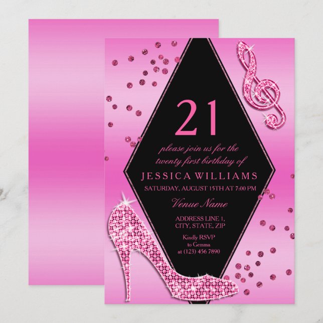 Invitación Elegante Bonito Glitzy Rosa 21º cumpleaños (Anverso / Reverso)