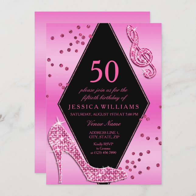 Invitación Elegante Bonito Glitzy Rosa 50 cumpleaños (Anverso / Reverso)