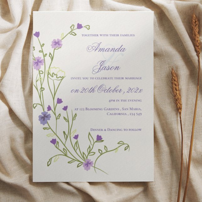 Invitación Elegante Bonito Marco de Flor Púrpura Boda Floral (Elegant Pretty Purple Flower Frame Floral Wedding Invitation)