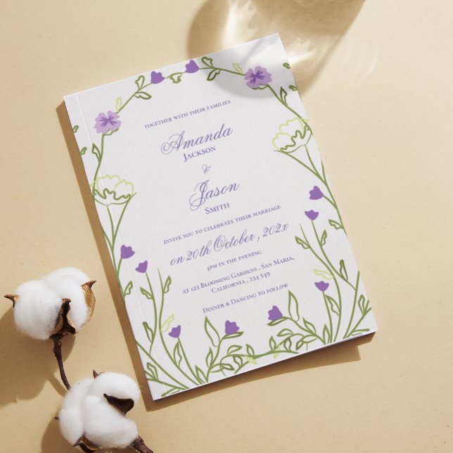 Invitación Elegante Bonito Morado Azul Floral Frame Boda (Elegant Pretty Purple Blue Floral Frame Wedding Invitation)