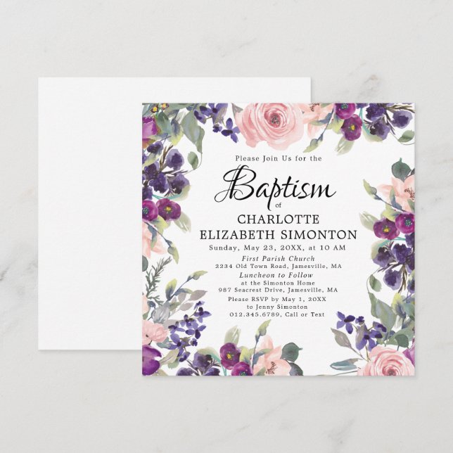Invitación Elegante Bonito Morado Pink Floral Square Baptism (Anverso / Reverso)