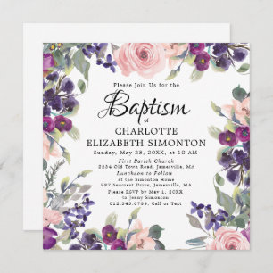Invitación Elegante Bonito Morado Pink Floral Square Baptism