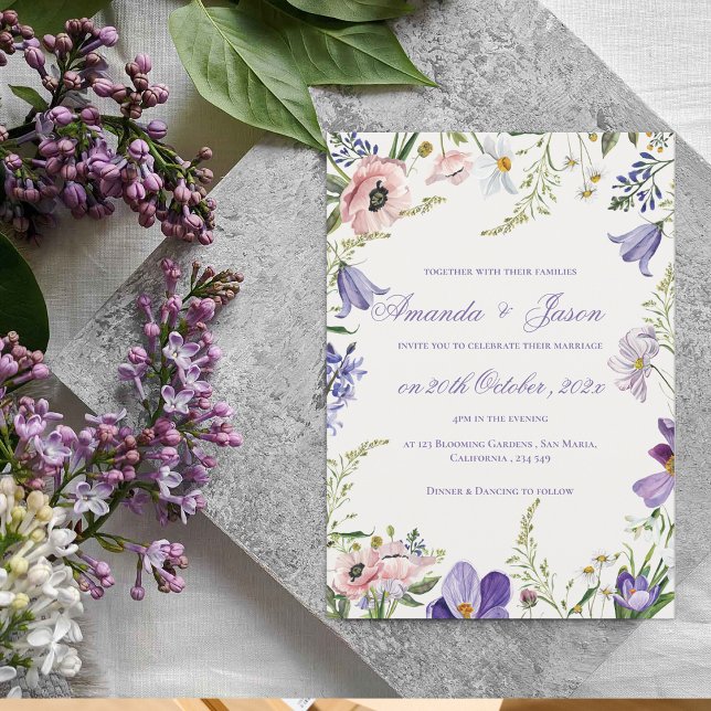 Invitación Elegante Bonito Peach Purple Blue Floral Boda (Elegant Pretty Peach Purple Blue Floral Wedding Invitation)