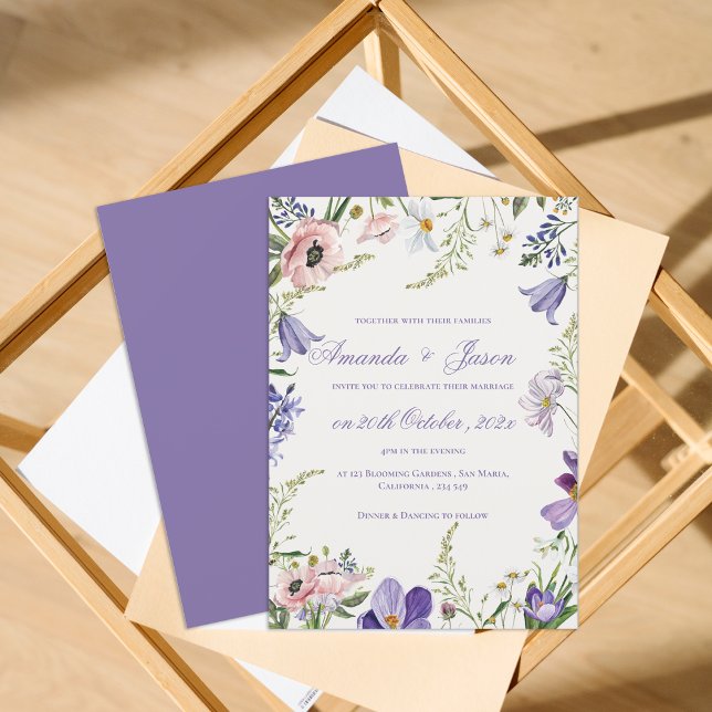 Invitación Elegante Bonito Peach Purple Blue Floral Boda (Elegant Pretty Peach Purple Blue Floral Wedding Invitation)