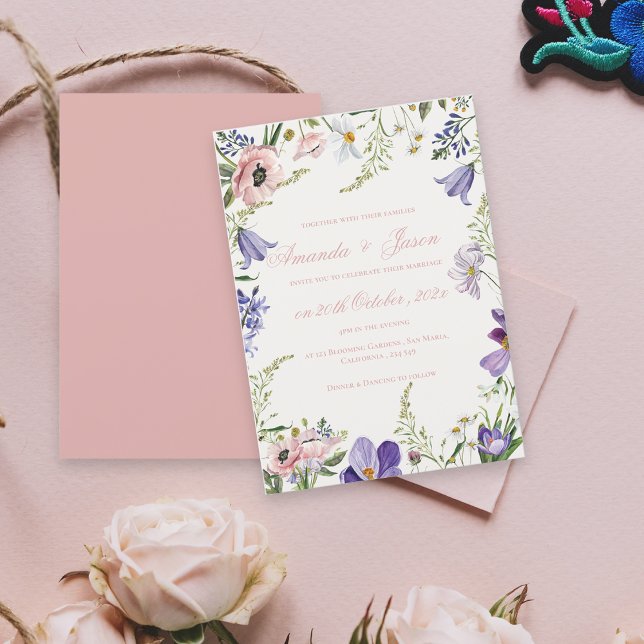 Invitación Elegante Bonito Peach Purple Blue Floral Boda (Elegant Pretty Peach Purple Blue Floral Wedding Invitation)